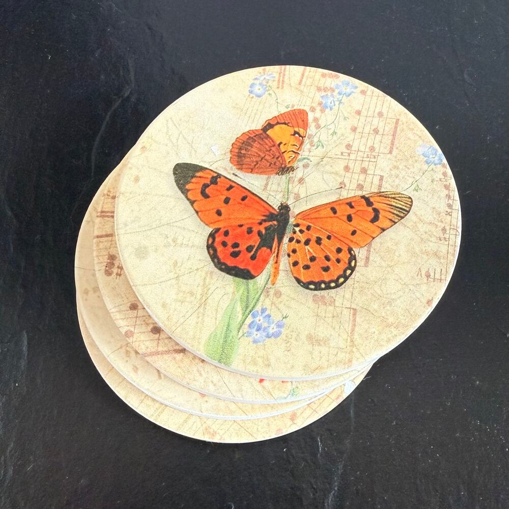 Set‎ of 4 Round Stoneware Corked Backed Butterfly Coasters Each One Unique